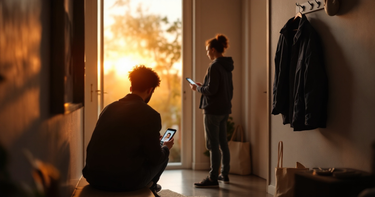 Real-life friends in a home setting discussing a dating profile