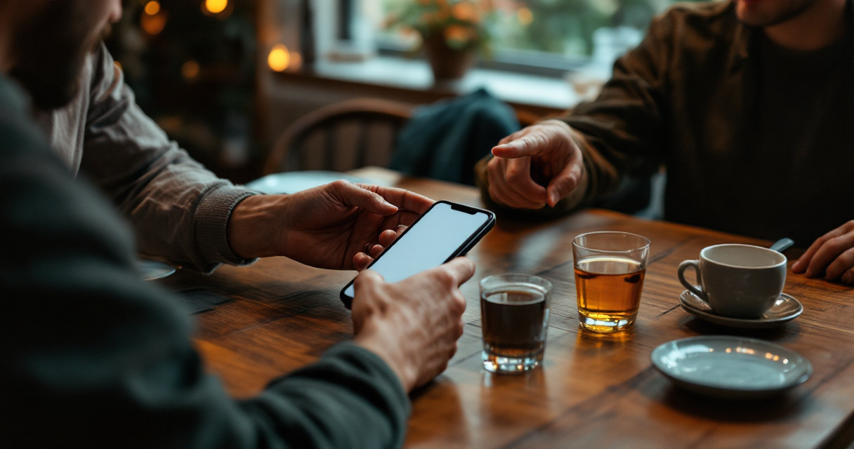 Friends reviewing a dating profile together over dinner, illustrating how a vouch works