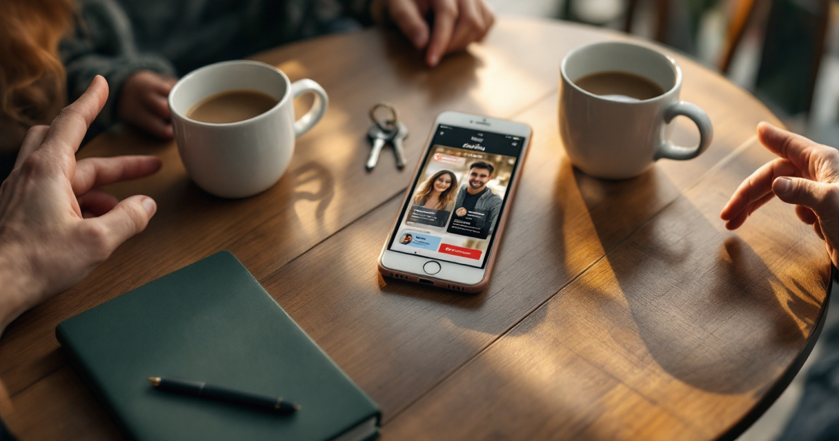 Friends reviewing a dating profile together in a café with trusted social context