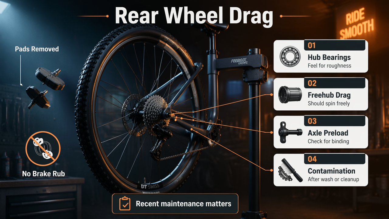 Rear wheel drag infographic showing hub bearings, freehub drag, axle preload, and contamination checks.