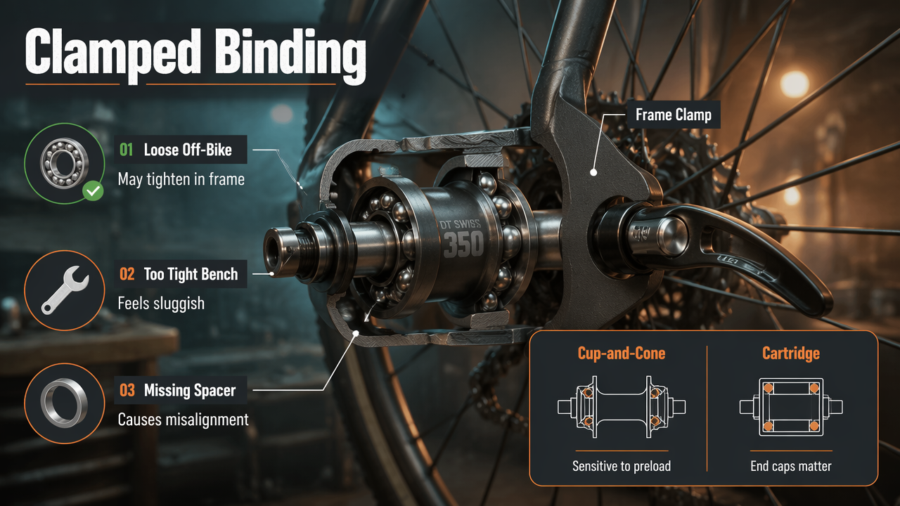 Annotated rear hub in frame showing how clamping, preload, and misplaced spacers can cause binding.
