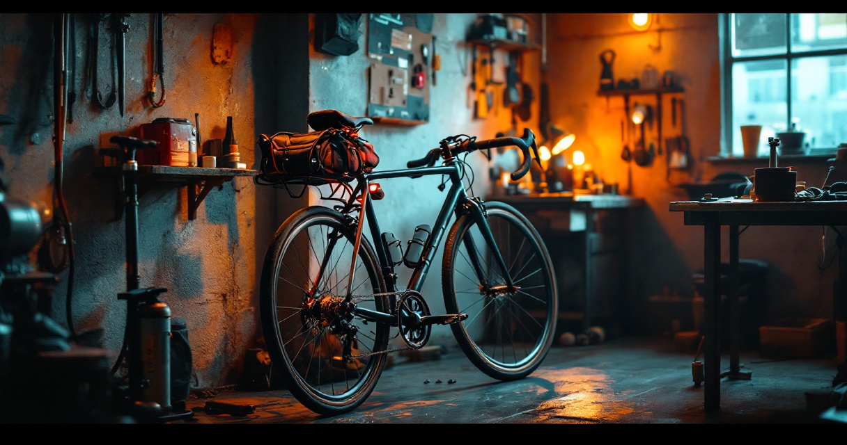 Commuter bike setup with lights, fenders, rack, and durable tires in an urban workshop