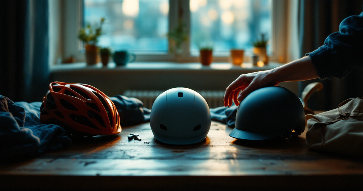 Commuter comparing practical bike helmets on an apartment table before a daily city ride