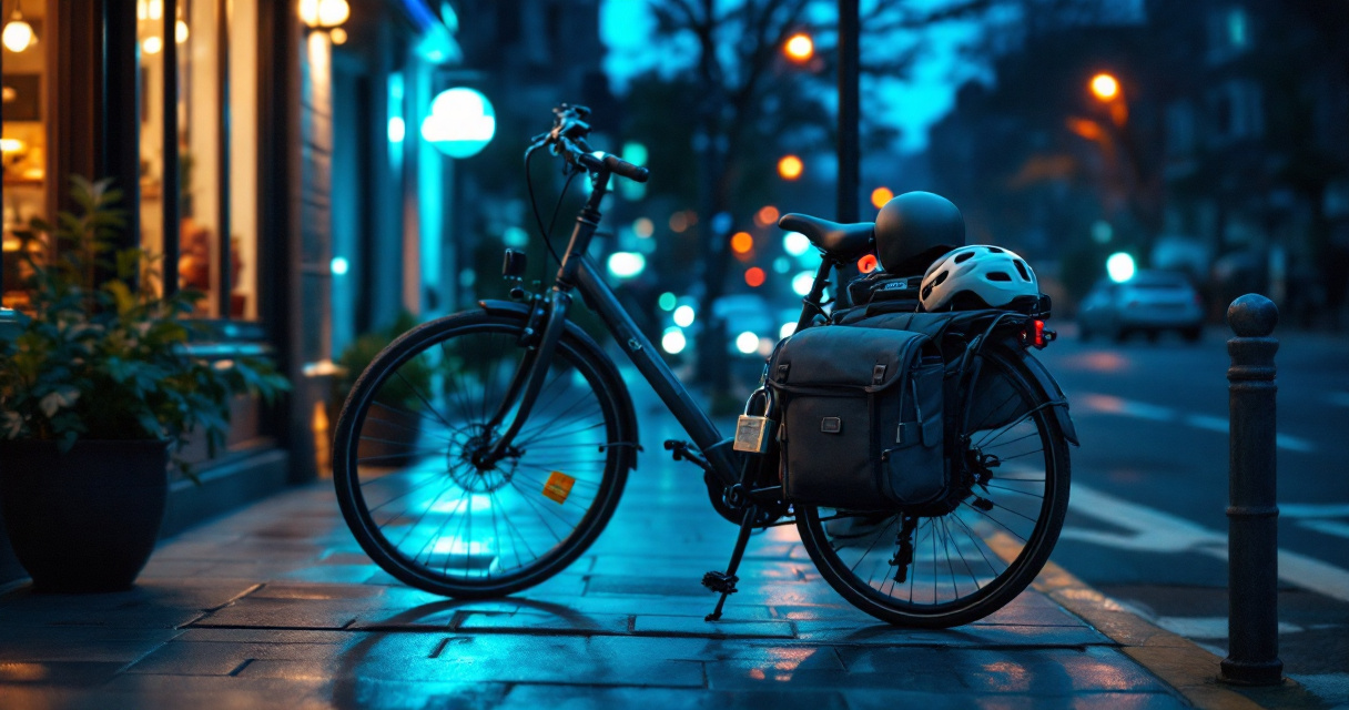 Commuter bike with two lock options parked between bright and dim urban areas