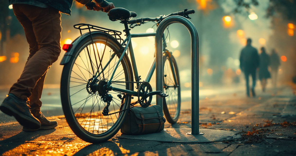 Hands correctly locking bike frame and rear wheel to a fixed rack