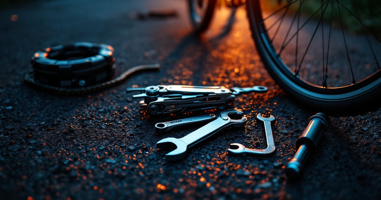 Unfolded bike multi tool with chain breaker beside a roadside bicycle repair setup
