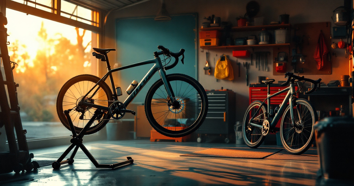 Home garage with two bike repair stand styles for different bikes and spaces