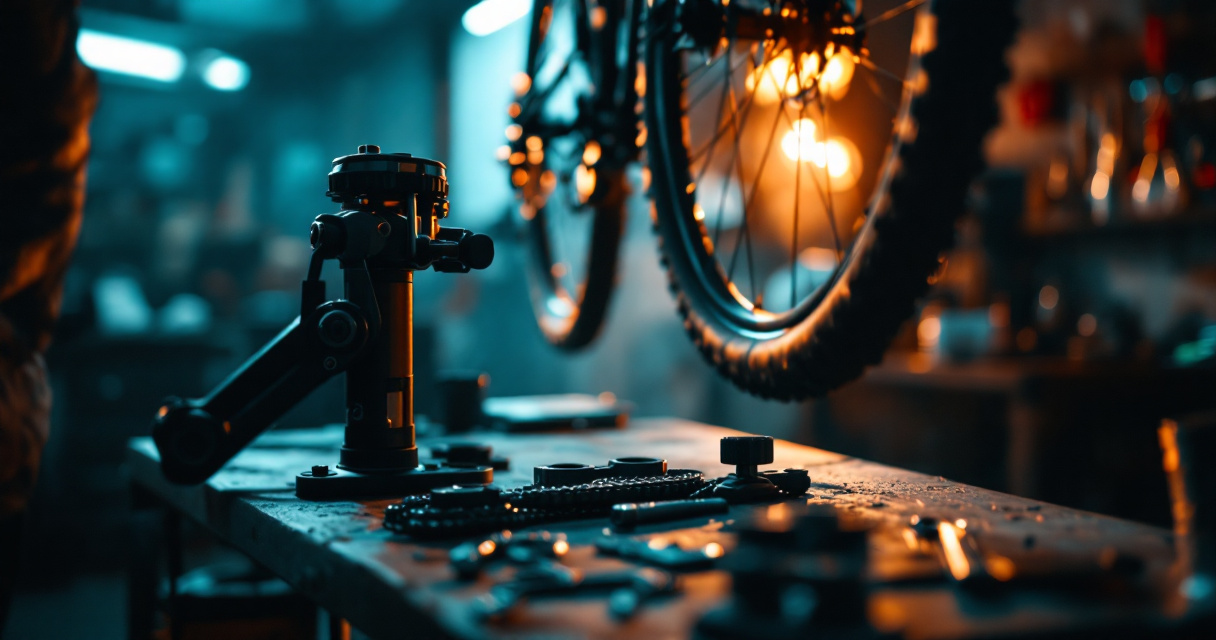 Close-up of repair stand clamp, stable base, and adjustment features during bike maintenance