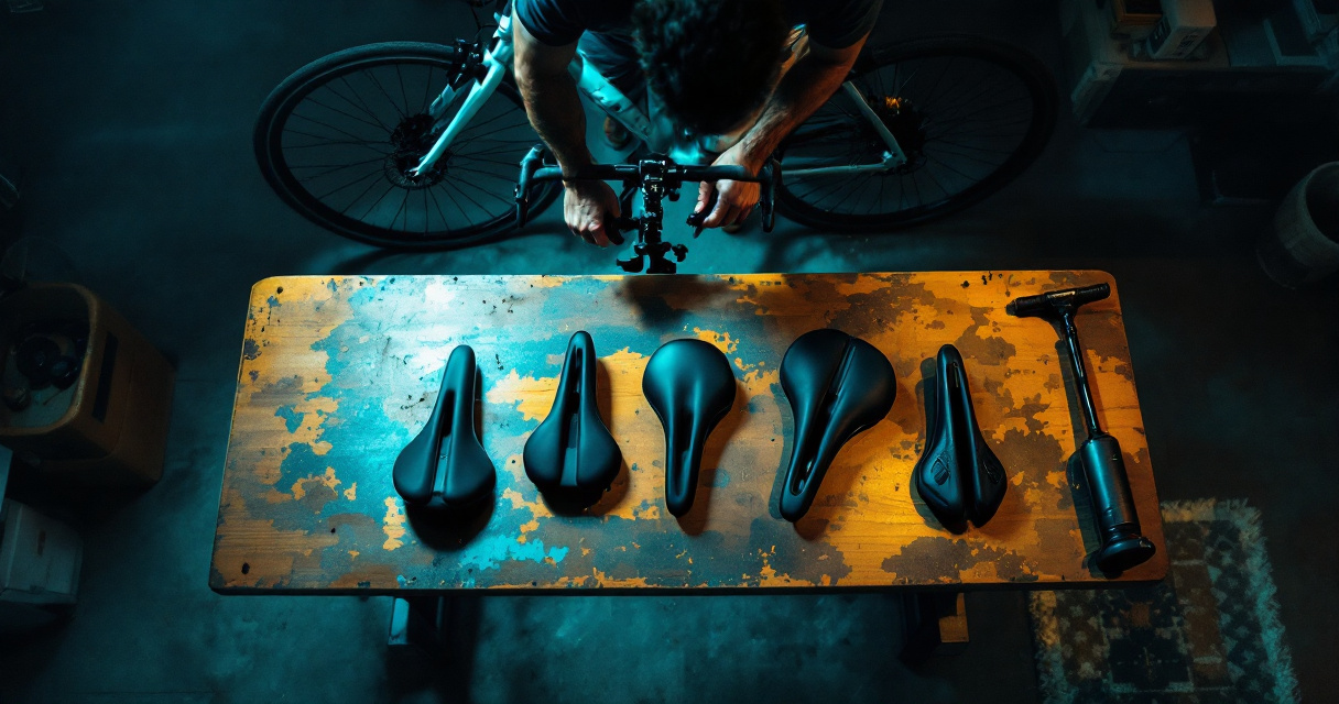 Cyclist comparing bike saddle widths and profiles on a hybrid bike in a home workshop