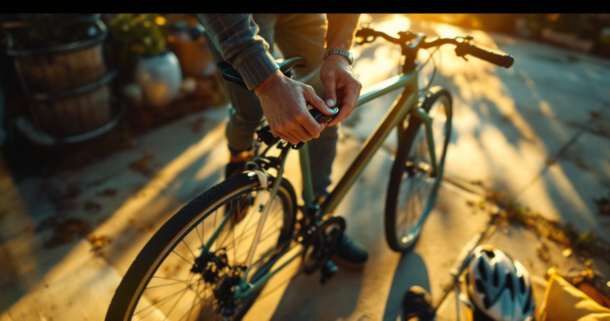 Hands adjusting saddle and handlebars on a beginner hybrid bike before a first ride