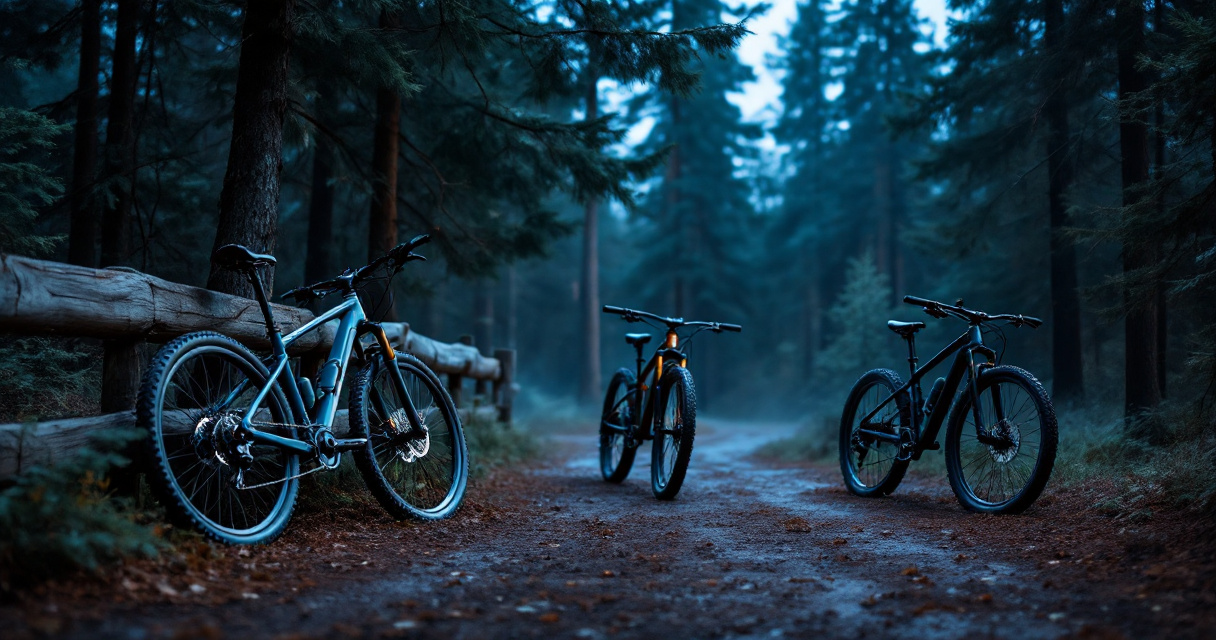 Three beginner mountain bike styles compared at a forest trailhead in cinematic light
