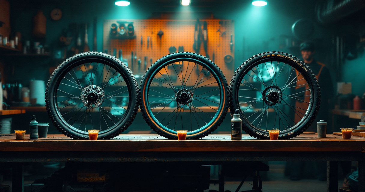 Unlabeled tubeless sealant options matched to different mountain bike tire setups