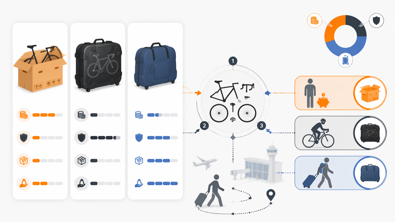 Infographic comparing cardboard bike box, hard bike travel case, and soft rolling bike bag for flying with a bicycle.