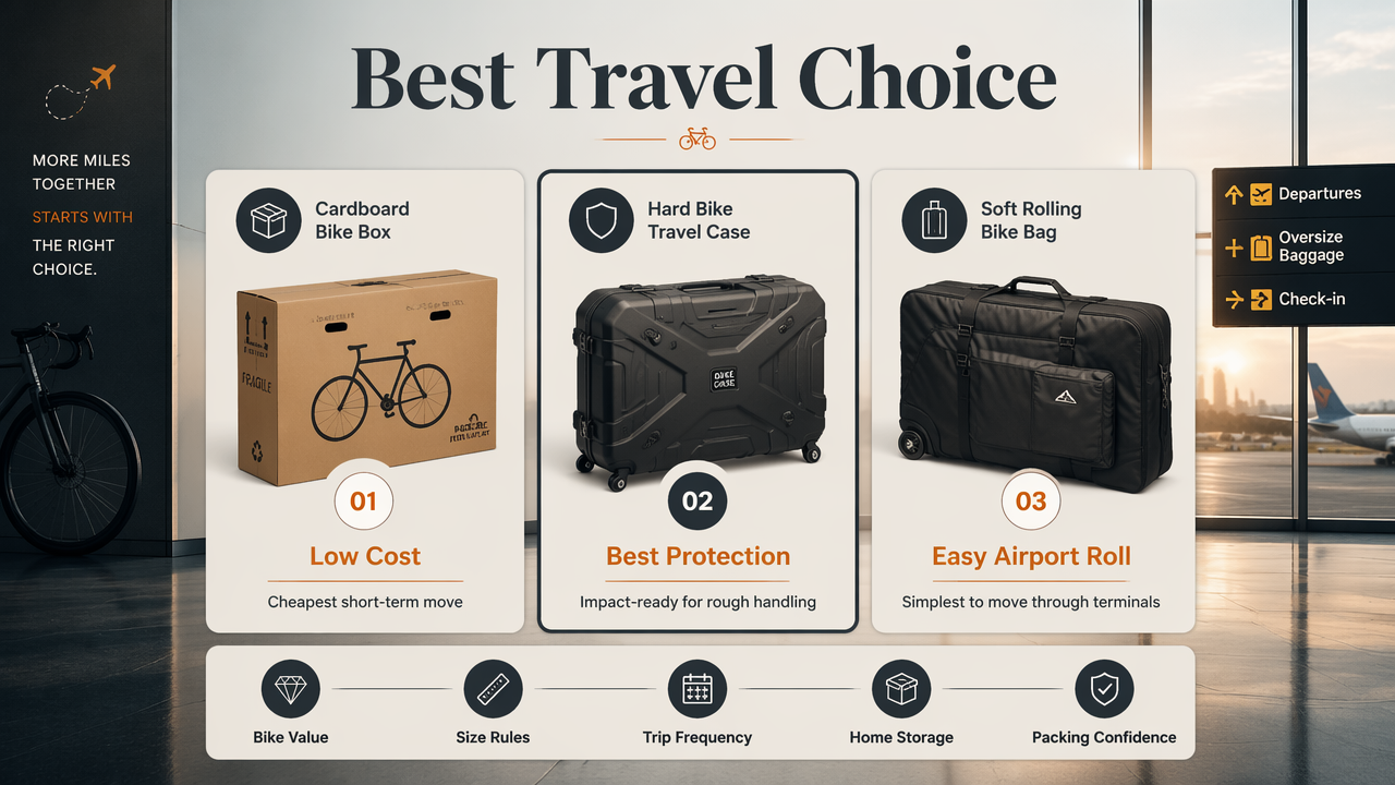Comparison infographic showing bike box, hard case, and soft bag for flying with a bicycle.