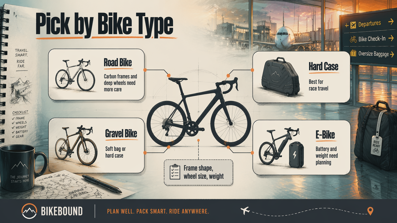 Annotated diagram of which bike riders should choose a box, hard case, or soft bag.