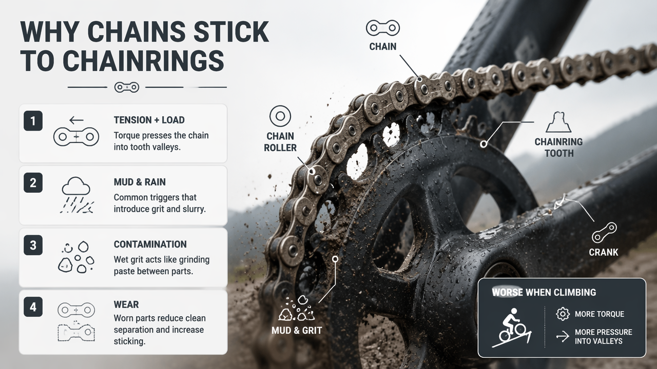 Illustration for Why does a bike chain stick to the chainring under load?