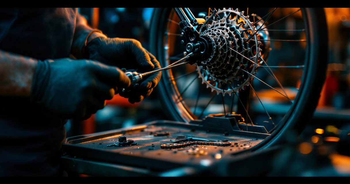 Mechanic inspecting cassette tooth wear and derailleur alignment in a bicycle workshop