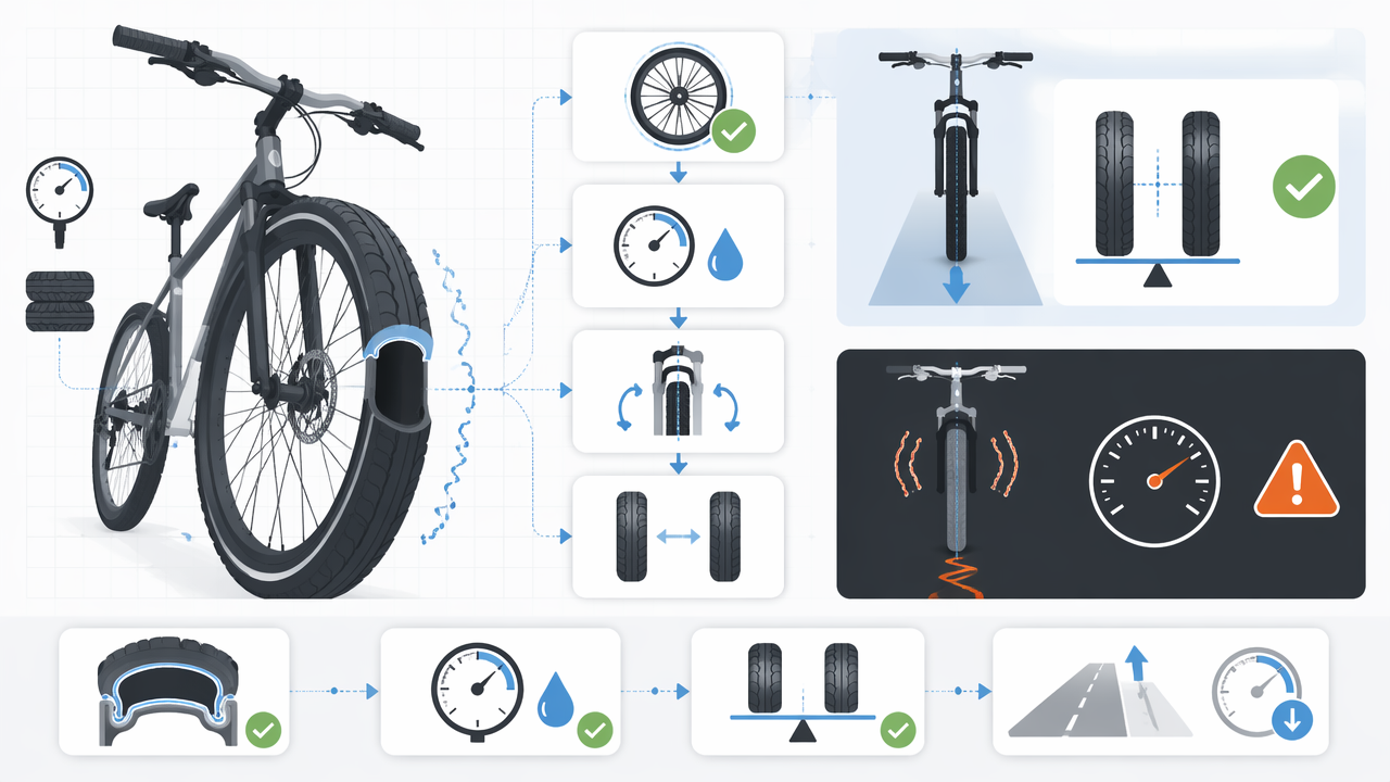 Infographic showing the first checks for a bike that feels unstable after a front tire change: bead seating, pressure, wheel alignment, grip balance, and safe-versus-unsafe riding cues.