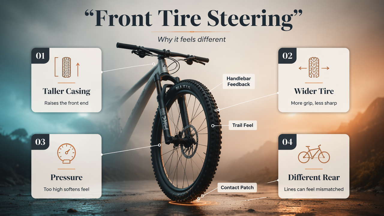 Annotated bike front wheel diagram explaining how tire changes affect steering feel.