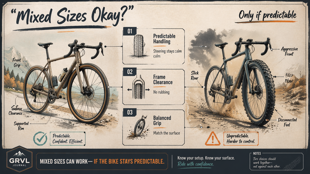 Diagram comparing safe mixed bike tire sizes with an example of poor front-rear grip balance.