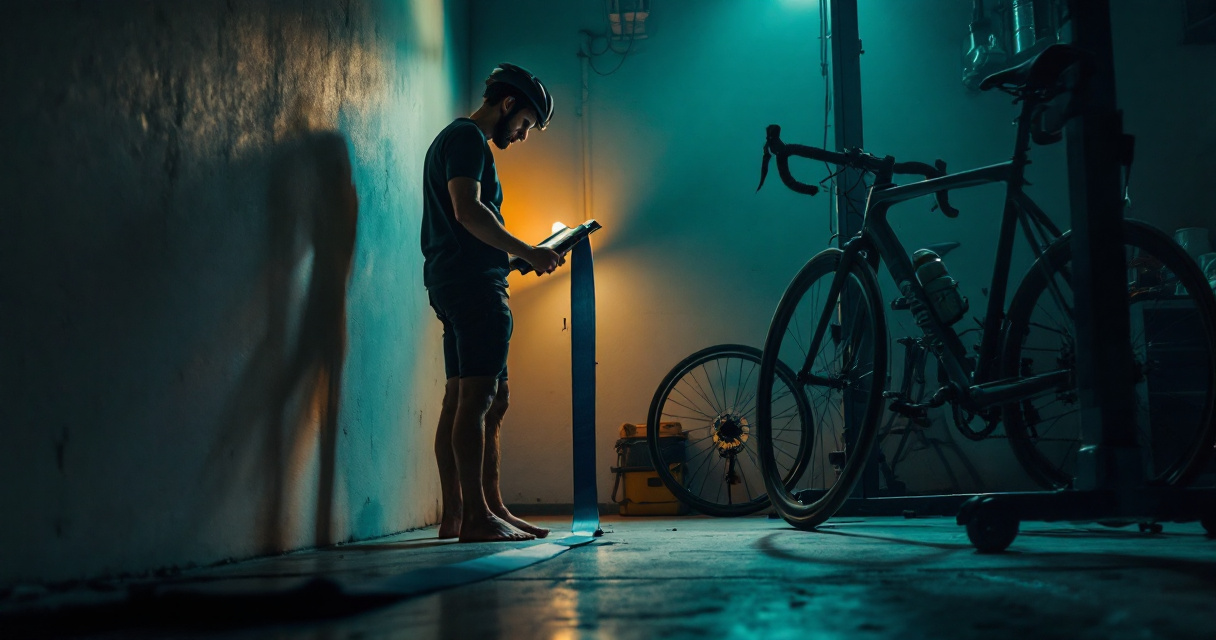 Cyclist measuring inseam at home beside road bike before using a bike size calculator