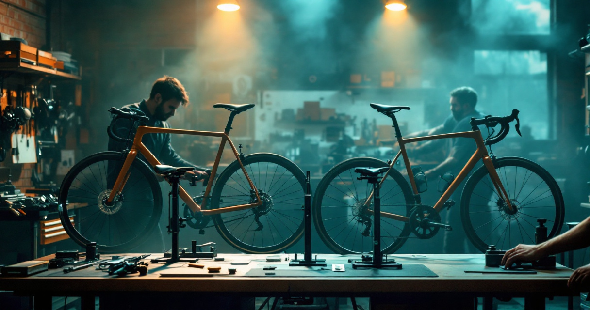 Hands adjusting bike fit in studio with two frame geometries side by side