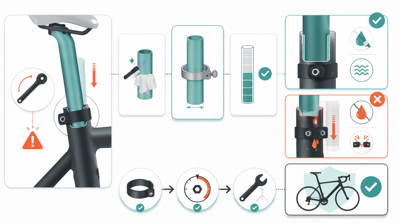 Infographic showing why a bike seatpost can slip even when tightened, with cleaning, fit checks, assembly paste, torque, and inspection steps.