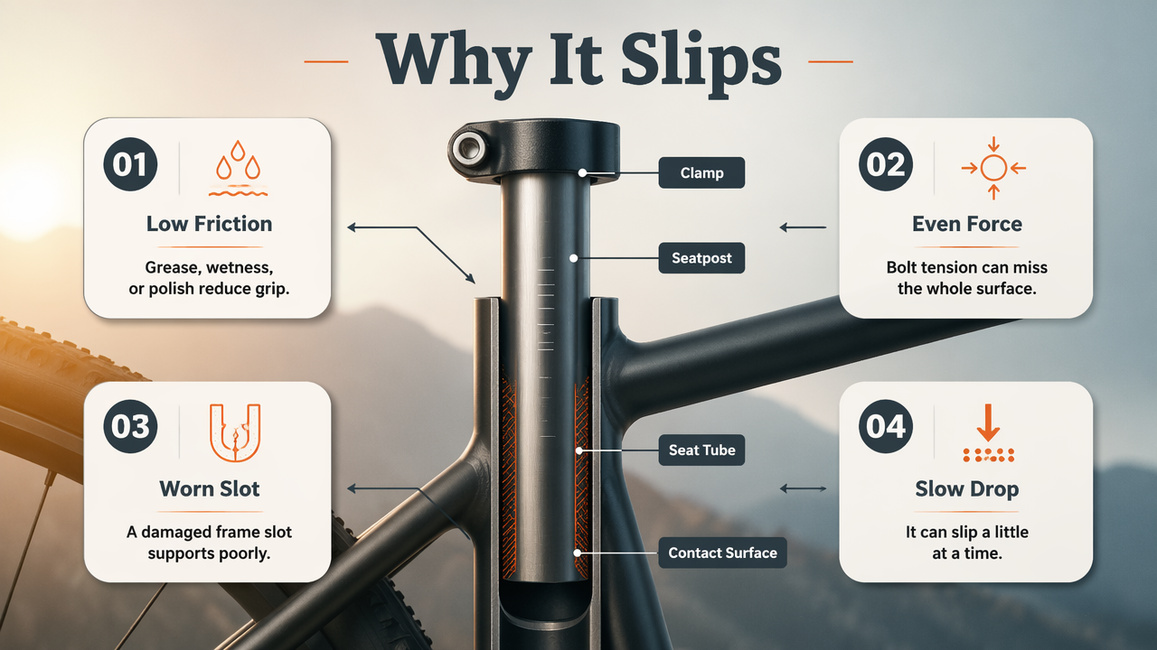 Diagram showing why a bike seatpost slips despite a tight clamp.