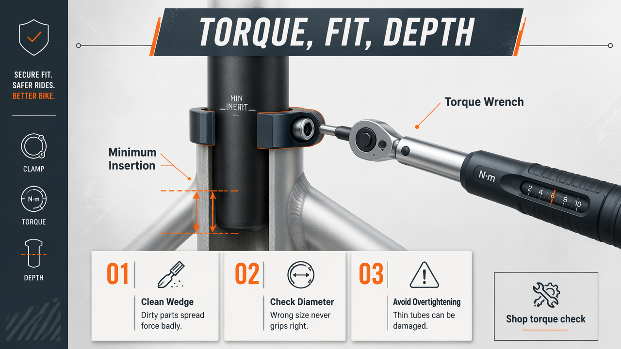 Annotated diagram of torque, clamp design, and insertion depth on a bike seatpost.