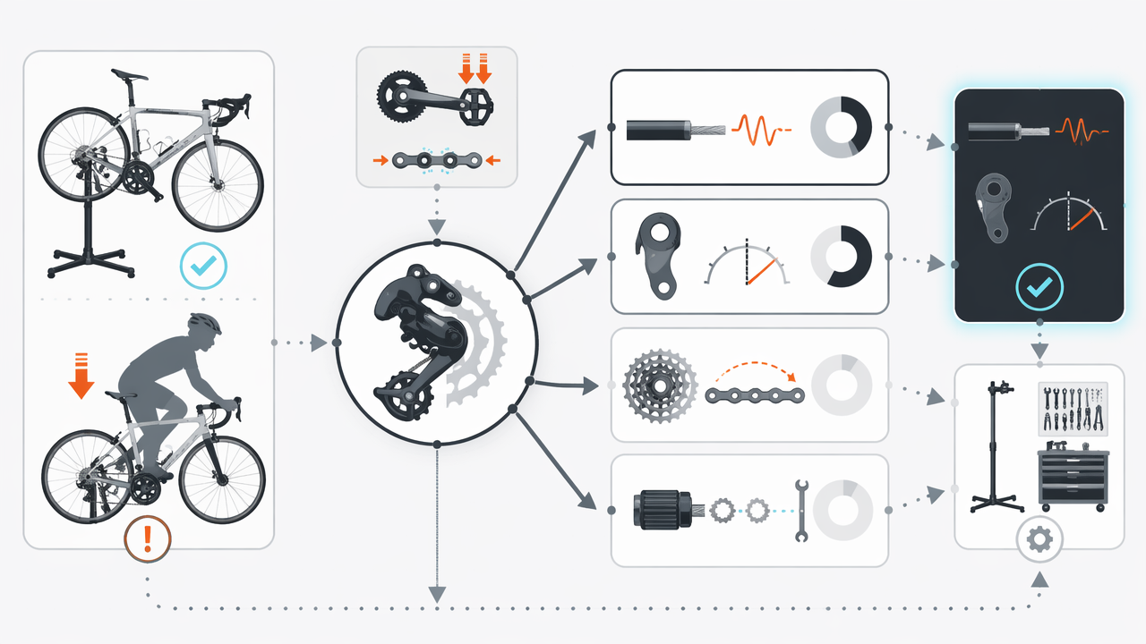 Infographic showing a bike shifting normally on a stand but failing under rider load, with diagnostic branches for cable friction, bent derailleur hanger, drivetrain wear, and indexing issues.