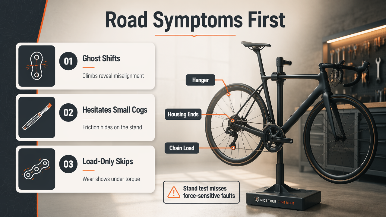 Infographic showing road symptoms linked to bent hangers, cable friction, and load-only drivetrain faults.