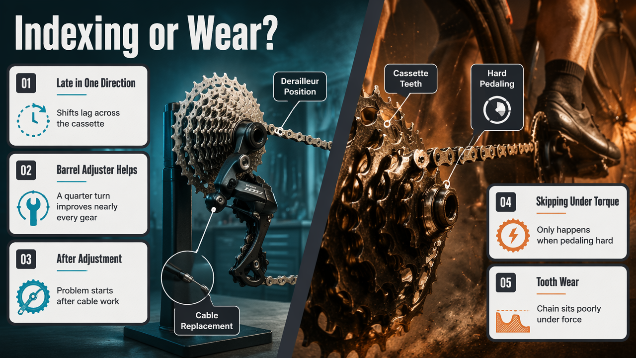 Split infographic separating indexing problems from chain and cassette wear under load.