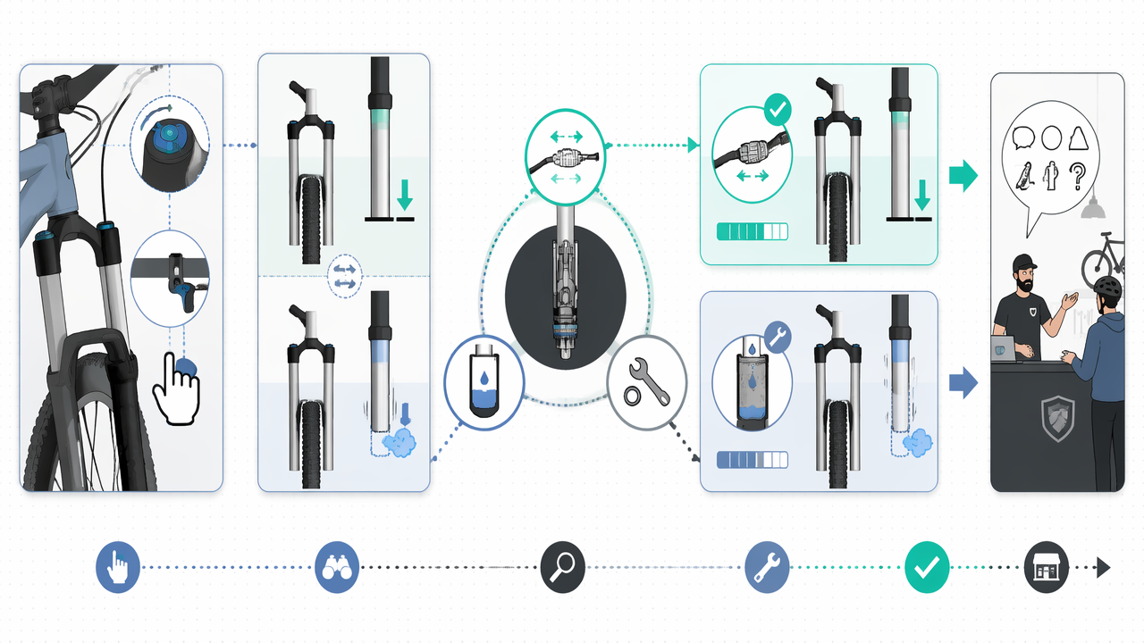 Infographic showing how to diagnose a suspension fork lockout that still moves, comparing normal blow-off, cable tension issues, and damper service causes.