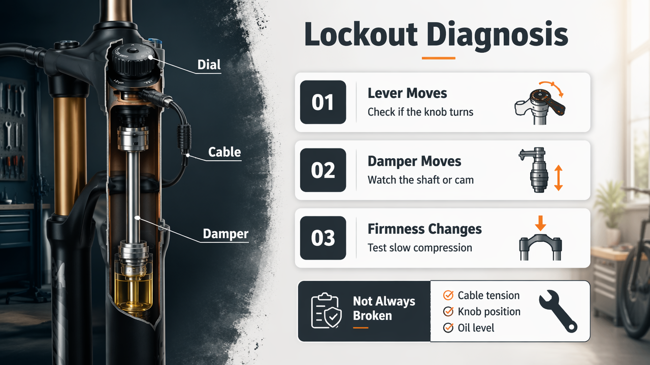 Annotated bike fork diagram showing lever, damper, and compression checks for lockout diagnosis