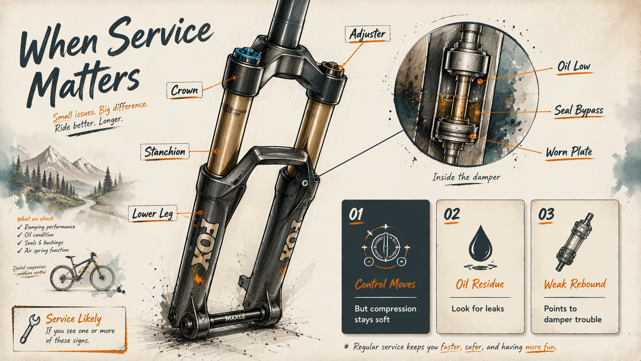 Service-focused fork diagram showing oil leaks, worn damper parts, and weak lockout clues