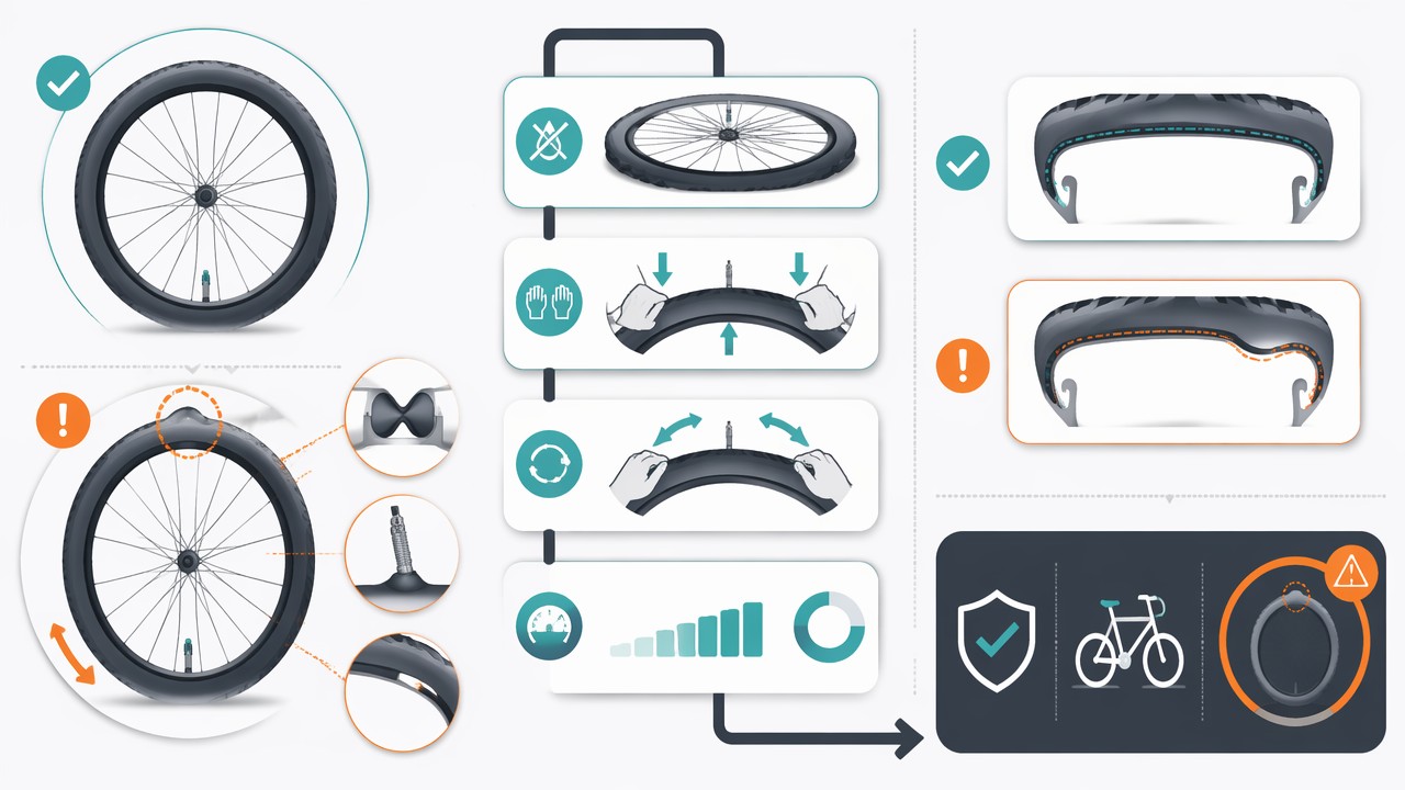 Infographic showing a bike tire bump after a tube change, with a wheel bump, bead seating checks, repair steps, and a safety warning not to ride yet.