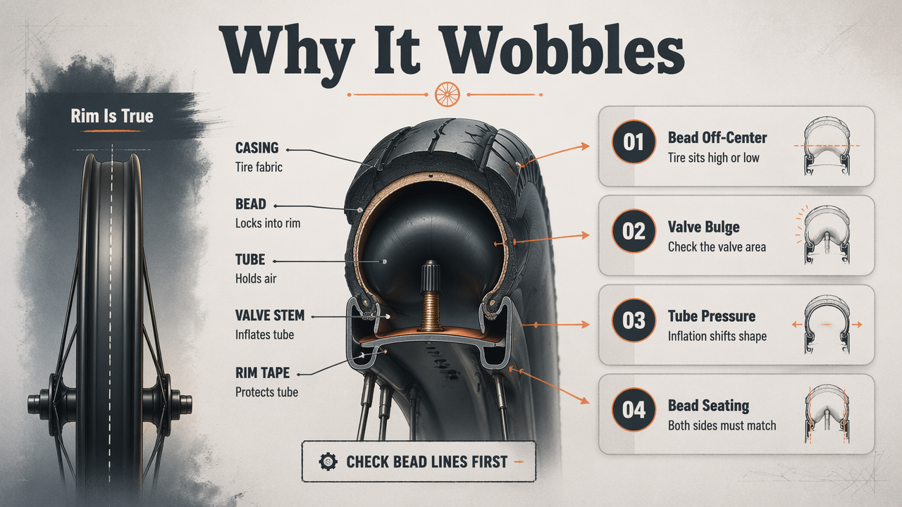 Annotated bicycle wheel diagram showing why a straight rim can still wobble after a tube change.