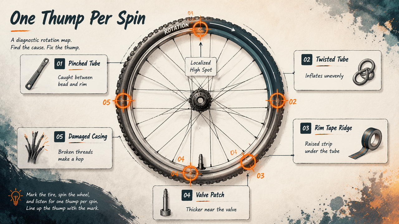 Annotated wheel rotation map showing causes of a once-per-rotation thump in a bike tire.