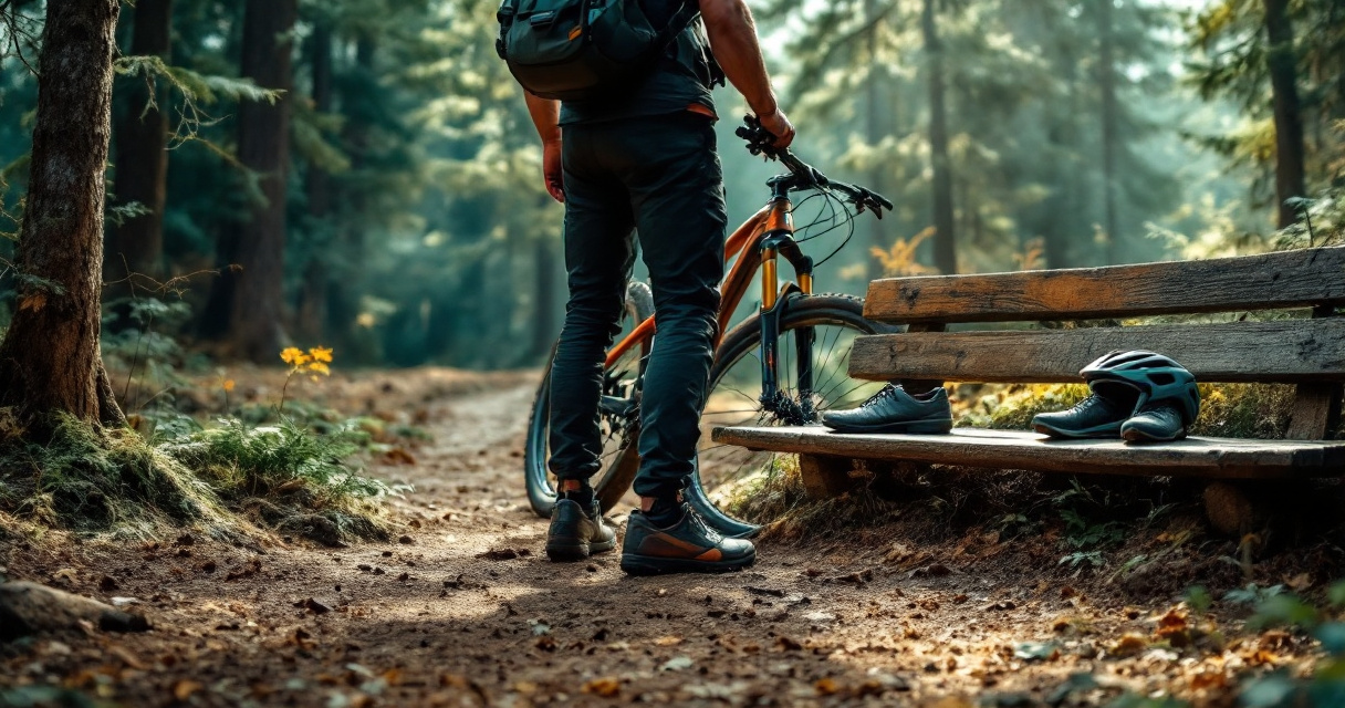 Mountain biker at trailhead comparing flat pedal setup and skill-based riding choice