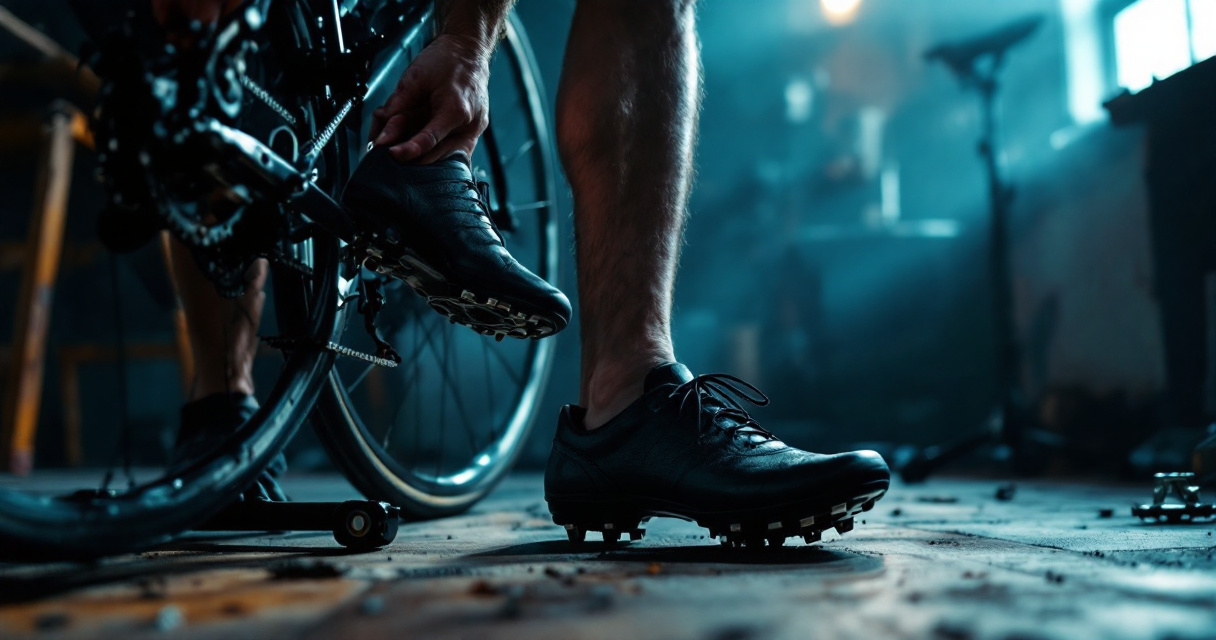 Cyclist adjusting shoe cleat position to troubleshoot knee pain from bike fit