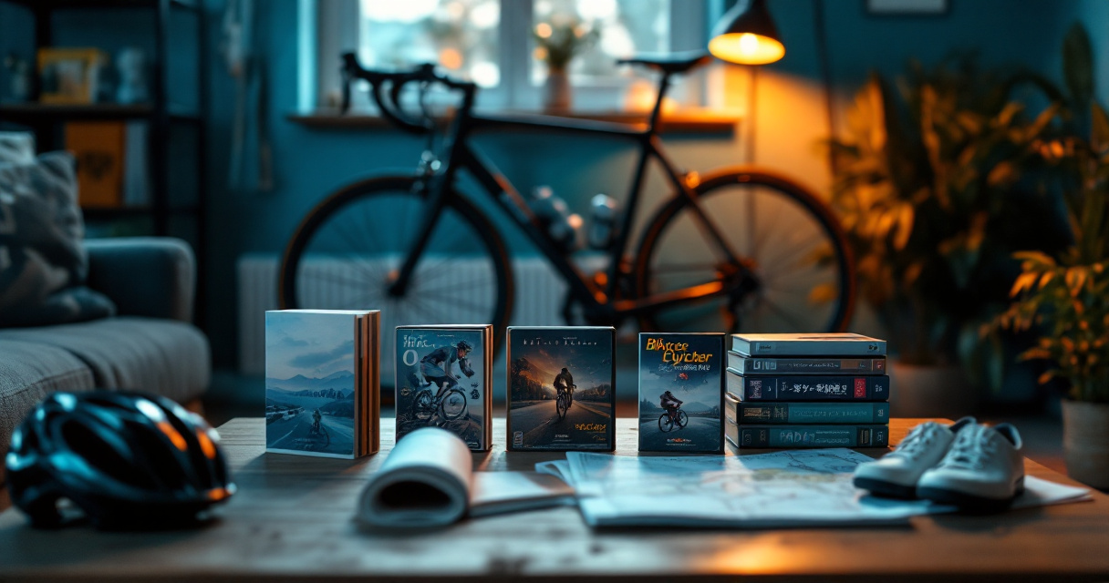 Cycling anime collection beside a road bike in a moody rider’s living room