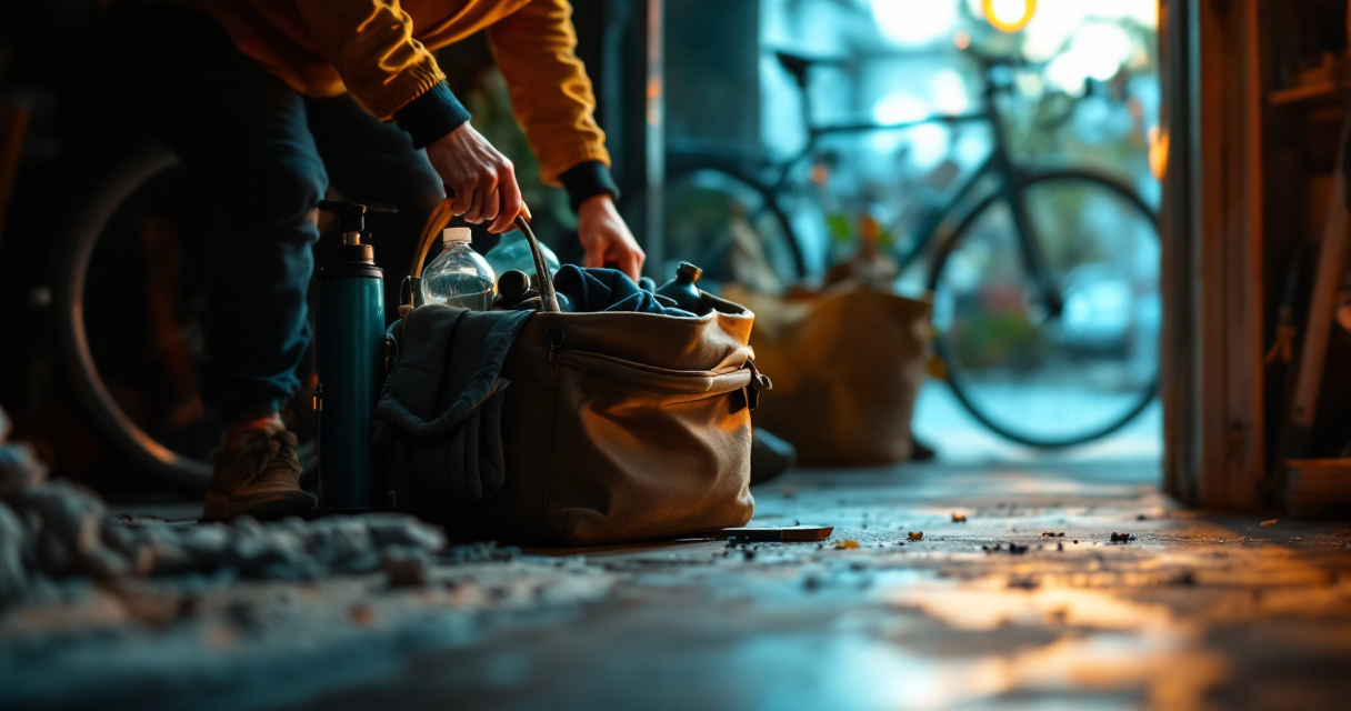Beginner cyclist packing essential gear beside a commuter bike before an early ride