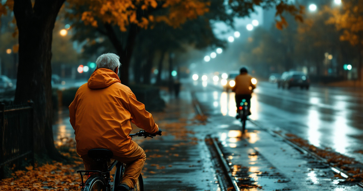 Urban cyclists adjusting route and pace for rain, age, and rough streets