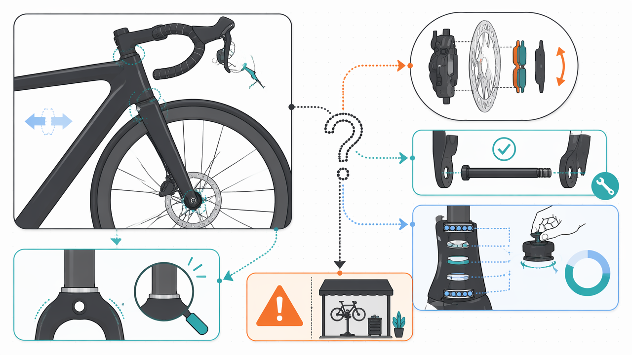 Infographic showing how to diagnose front-end knocking during braking by checking the brake, axle, fork, and headset before tightening the headset preload.