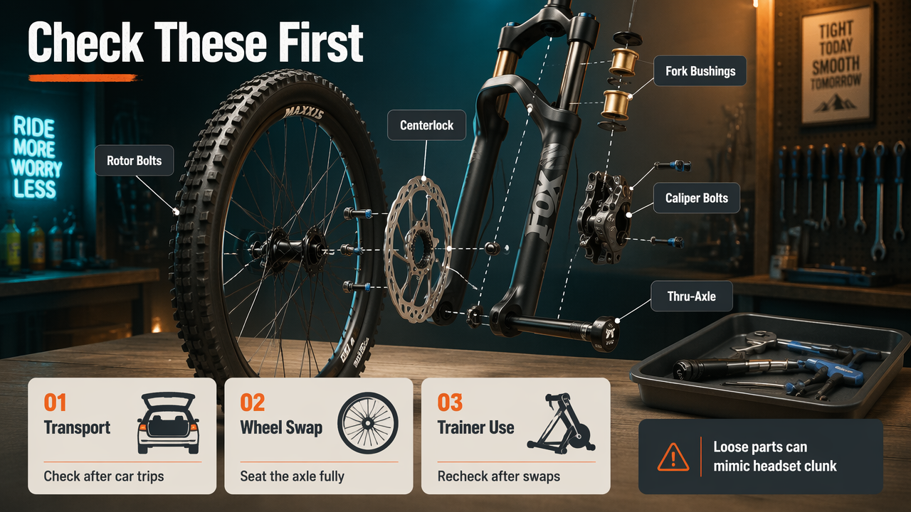 Annotated bicycle fork and brake assembly highlighting rotor, axle, caliper, and bushing checks before replacing headset bearings.
