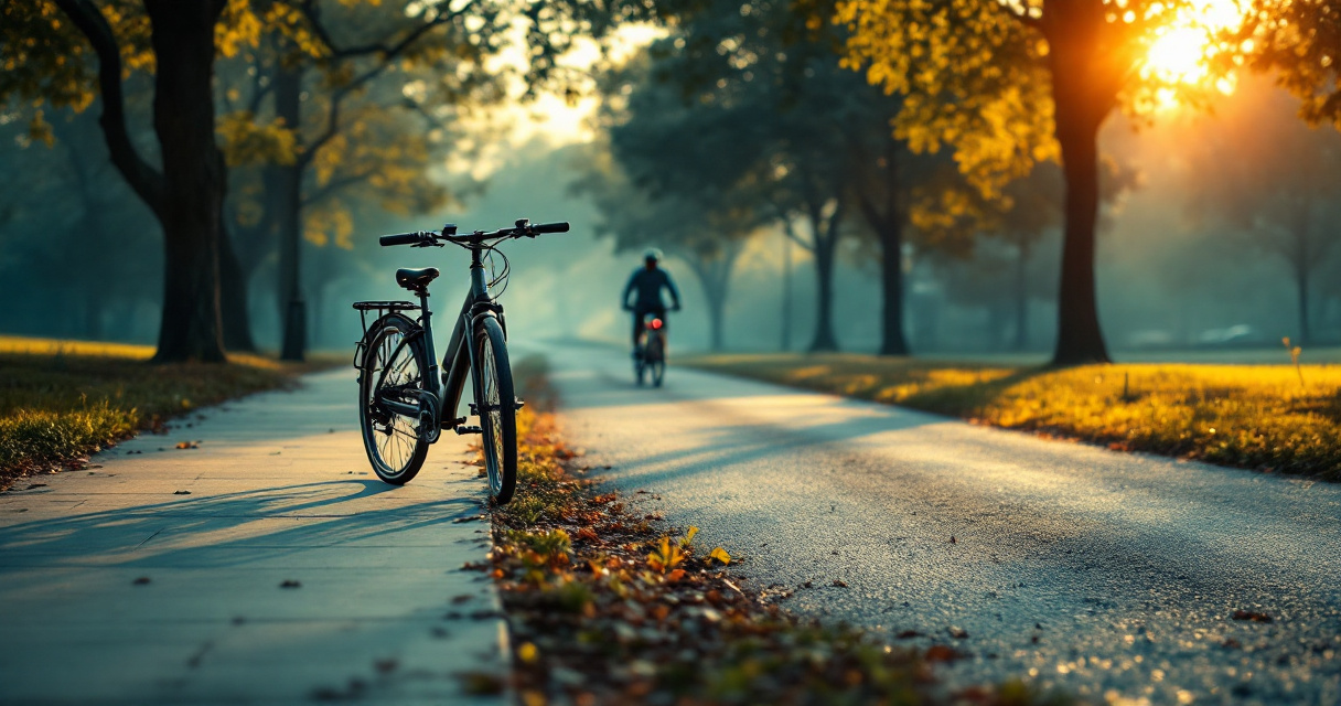 Hybrid and gravel bikes parked where pavement meets gravel trail at sunset