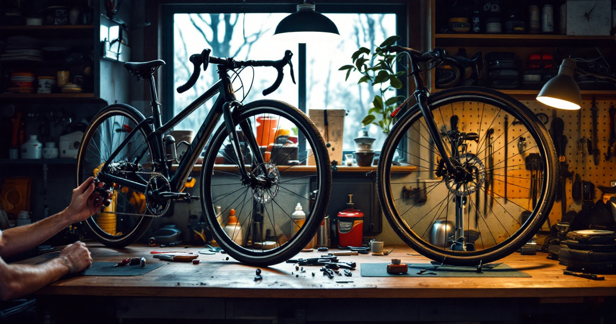Garage workshop scene comparing hybrid and gravel bike maintenance and upgrade needs