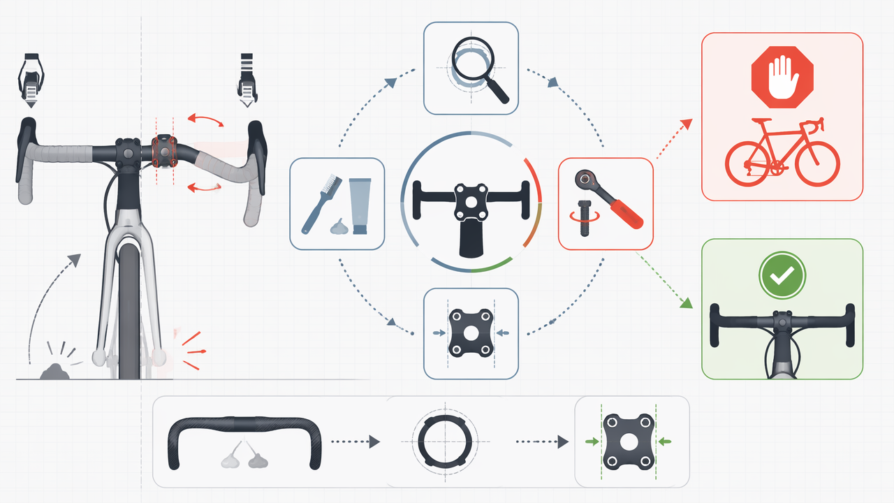 Infographic showing why a handlebar can slip in the stem, how to diagnose clamp size, torque, and faceplate gaps, and when to stop riding immediately.