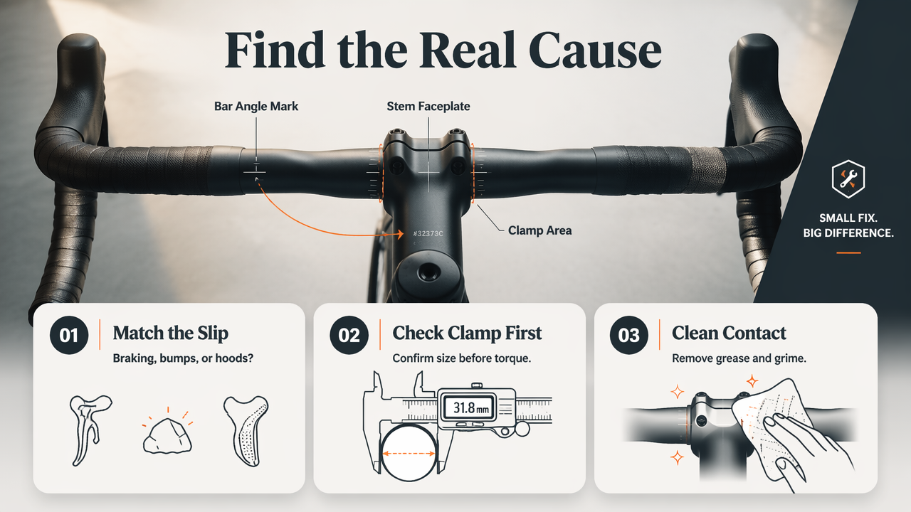 Infographic showing how to diagnose a slipping handlebar by checking clamp size and contact first.