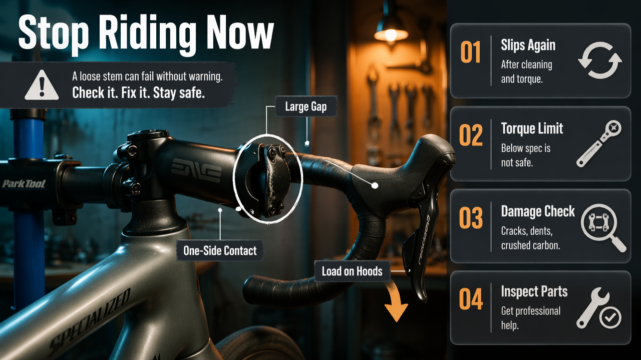 Safety infographic showing when to stop riding because a handlebar still slips or parts are damaged.